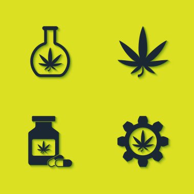 Test tüpünü marihuana, tıbbi şişe ve marihuana ya da kenevir yaprağı ikonu ile ayarla. Vektör.