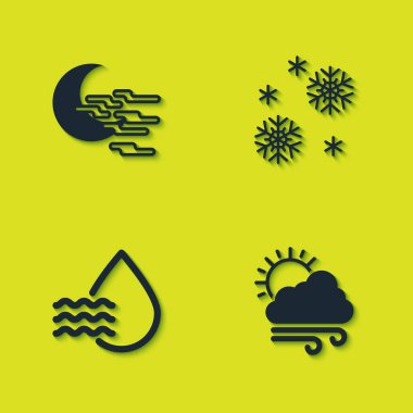 Sis ve ayı, rüzgarlı havayı, su damlası yüzdesini ve kar simgesini ayarla. Vektör.