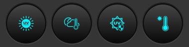 Ultraviyole koruma, termometre ve bulut, ay ve meteoroloji termometre ikonunu ayarla. Vektör.