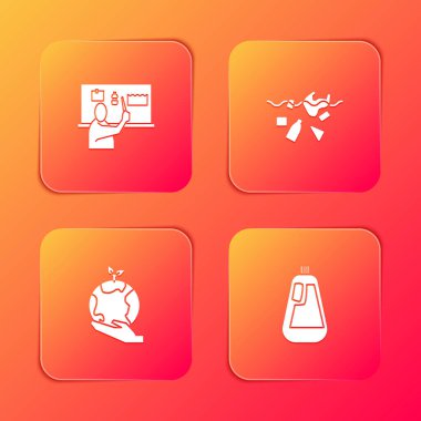 Set Plastik Kirliliği, Gezegen sorunu, Bulaşık Sıvısı ikonu için Dünya 'nın elini tutmak ve şişe tutmak. Vektör.