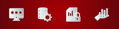 Monitörü parola, sunucu ve teçhizat, Belge kilidi ve Pie grafik ikonu ile ayarla. Vektör.