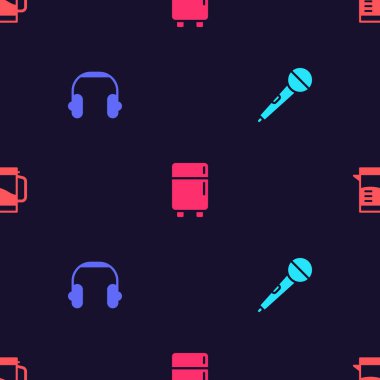 Mikrofon, kulaklık, buzdolabı ve elektrikli su ısıtıcısını kusursuz desene ayarlayın. Vektör.