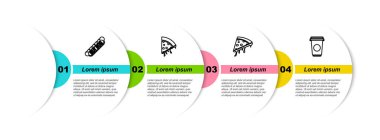 Hotdog sandviçi, pizza dilimi ve kahve fincanı. Ticari bilgi şablonu. Vektör.