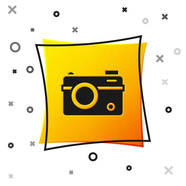 白の背景に隔離されたブラックフォトカメラアイコン フォトカメラ デジタル写真 黄色い四角形のボタン ベクトル — ストックベクタ
