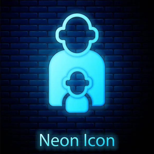 Świecący Neon Opieka Nad Dziećmi Ikona Izolowana Tle Ceglanej Ściany — Wektor stockowy