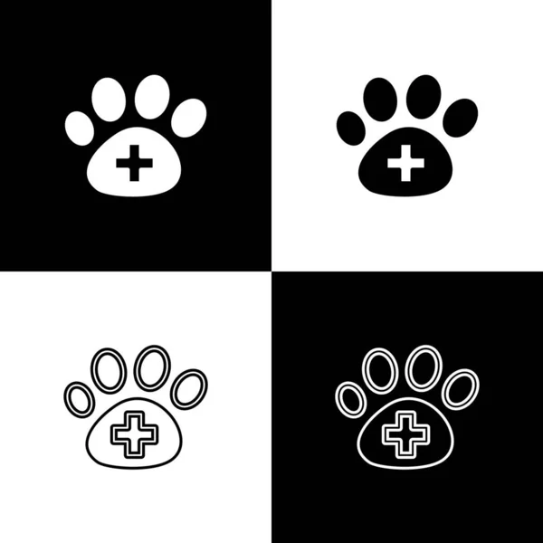 Set Veterinaire Kliniek Symbool Pictogram Geïsoleerd Zwart Wit Achtergrond Kruis — Stockvector