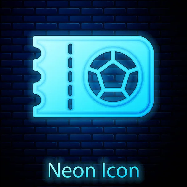 Brillante Neón Icono Fútbol Boleto Fútbol Aislado Fondo Pared Ladrillo — Vector de stock