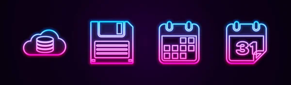 Set Line Cloud Database Floppy Disk Kalender Een Gloeiend Neon — Stockvector