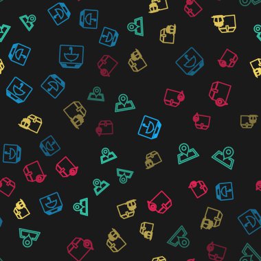 Şemsiyeli çizgi teslimat paketini, haritada yer tutucuyu, kargo gemi kutularını ve konum kartonunu kusursuz desenli olarak ayarla. Vektör.