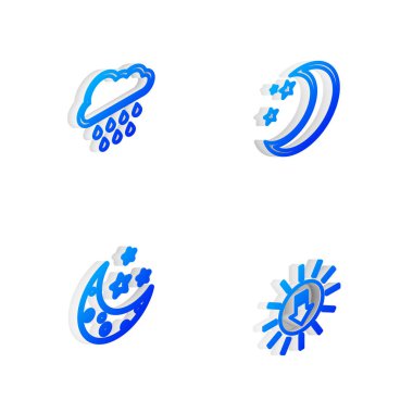 Isometric çizgisi Ay ve yıldızları, yağmurlu bulutları ve günbatımı simgesini ayarla. Vektör.