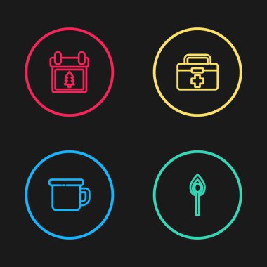 Kamp kupası, ateşle yanan kibrit, ilk yardım çantası ve takvim ağacı simgesi. Vektör.