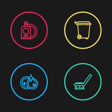 Halat yıkama, temizlik fırçası, çöp tenekesi ve bulaşık deterjanı. Vektör.