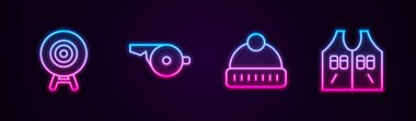 Hedef spor, ıslık, kış şapkası ve av ceketi. Parlayan neon ikonu. Vektör