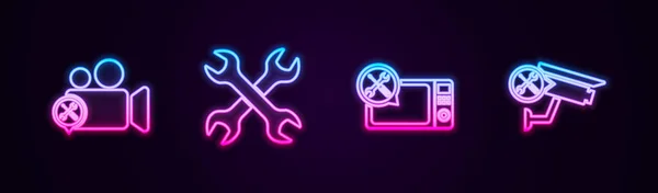 Állítsa Videokamera Szolgáltatás Crossed Wrenchs Mikrohullámú Sütő Biztonság Ragyogó Neon — Stock Vector