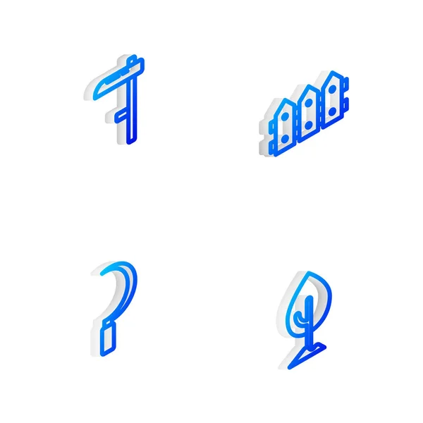 Set Isometric Line Zahradní Plot Dřevěný Scythe Srpen Strom Ikona — Stockový vektor