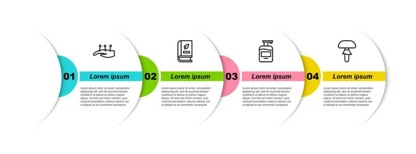 Set Line Acupuncture Thérapie Livre Médical Bouteille Savon Liquide Champignon — Image vectorielle