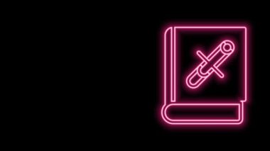 Siyah zemin üzerinde sigara ikonu olan parlak neon çizgi kitabı. Sigara içmenin tehlikeleri hakkında bir kitap. 4K Video hareketli grafik canlandırması