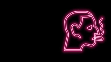 Parlayan neon çizgili adam siyah arka planda izole edilmiş sigara ikonu içiyor. Tütün tabelası. 4K Video hareketli grafik canlandırması