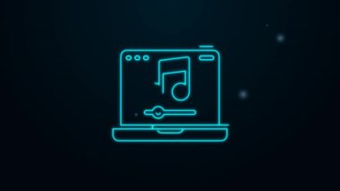 Parlak neon hattı dizüstü bilgisayarı ve siyah arkaplanda izole edilmiş ekran simgesi. 4K Video hareketli grafik canlandırması