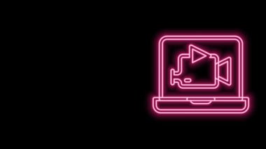 Parlayan neon hattı çevrimiçi video simgesi siyah arkaplanda izole edildi. Oyun işaretli film şeridi. 4K Video hareketli grafik canlandırması