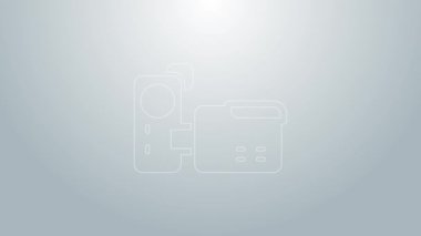Mavi çizgi sinema kamera ikonu gri arkaplanda izole edildi. Video kamera. Film tabelası. Film projektörü. 4K Video hareketli grafik canlandırması
