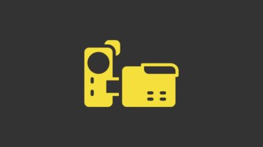 Sarı Sinema kamera simgesi gri arkaplanda izole edildi. Video kamera. Film tabelası. Film projektörü. 4K Video hareketli grafik canlandırması