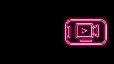 Parlayan neon hattı çevrimiçi video simgesi siyah arkaplanda izole edildi. Akıllı telefon ve üzerinde oyun işareti olan film şeridi. 4K Video hareketli grafik canlandırması