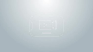 Mavi çizgi çevrimiçi görüntü simgesi gri arkaplanda izole edildi. Akıllı telefon ve üzerinde oyun işareti olan film şeridi. 4K Video hareketli grafik canlandırması