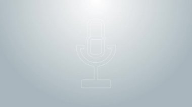 Mavi çizgi mikrofon simgesi gri arkaplanda izole edildi. Radyodaki mikrofondan. Sözcü işareti. 4K Video hareketli grafik canlandırması