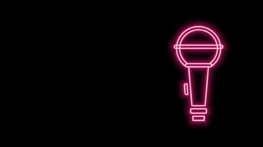 Parlayan neon hattı mikrofon simgesi siyah arkaplanda izole edildi. Radyodaki mikrofondan. Sözcü işareti. 4K Video hareketli grafik canlandırması