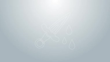 Gri arkaplanda kan ikonu olan mavi çizgili kılıç. Ortaçağ şövalyesi ve askeri. Cinayetin sembolü. 4K Video hareketli grafik canlandırması