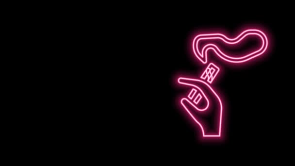 Светящаяся неоновая линия Рука с дымящейся иконкой сигареты изолирована на черном фоне. Табачный знак. Видеографическая анимация 4K — стоковое видео
