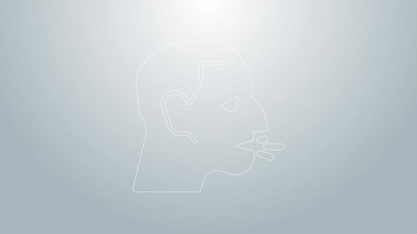 Línea azul Hombre tosiendo icono aislado sobre fondo gris. Infección viral, gripe, gripe, síntoma de resfriado. Tuberculosis, paperas, tos ferina. Animación gráfica de vídeo 4K — Vídeos de Stock