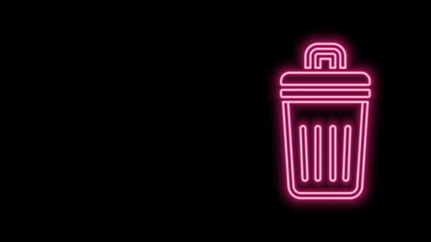 Glowing neon line Trash can icon isolated on black background. Garbage bin sign. Recycle basket icon. Office trash icon. 4K Video motion graphic animation — Stock Video