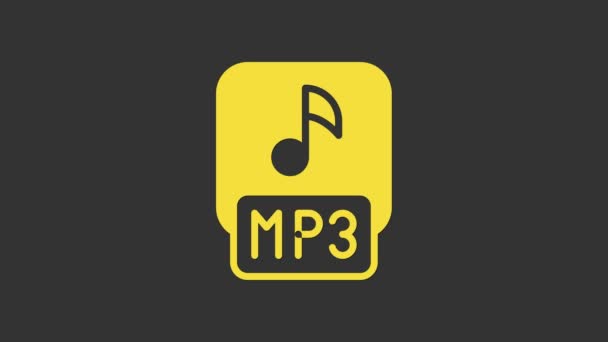 Gele MP3 bestand document. Download mp3 knop pictogram geïsoleerd op grijze achtergrond. Mp3 muziekformaat teken. MP3 bestand symbool. 4K Video motion grafische animatie — Stockvideo