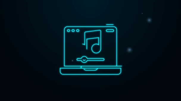 黒い背景に隔離された画面アイコン上の音楽ノート記号でネオンラインノートパソコンを光る。4Kビデオモーショングラフィックアニメーション — ストック動画