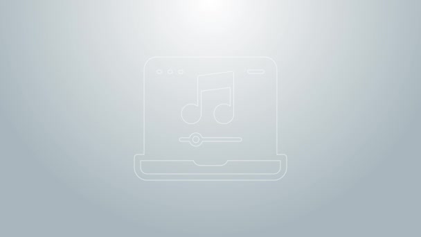 Portátil de línea azul con símbolo de nota musical en el icono de la pantalla aislado sobre fondo gris. Animación gráfica de vídeo 4K — Vídeo de stock