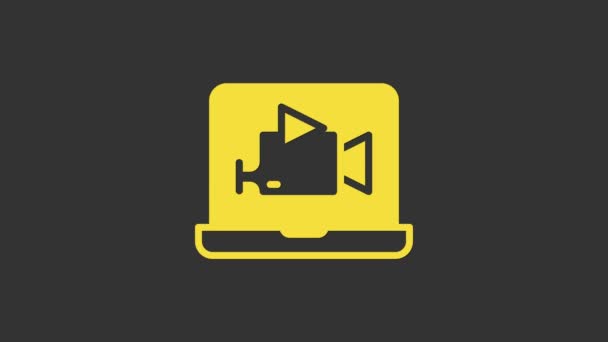 Amarillo Online reproducir icono de vídeo aislado sobre fondo gris. Película de tira con señal de juego. Animación gráfica de vídeo 4K — Vídeos de Stock