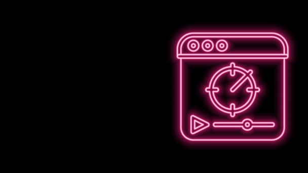 Glowing neon line Online play video icon isolated on black background. Film strip dengan bermain tanda. Animasi grafis gerak Video 4K — Stok Video