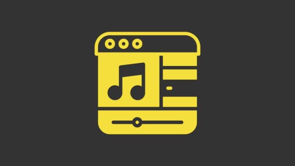 Ikona żółtego odtwarzacza muzyki odizolowana na szarym tle. Przenośne urządzenie muzyczne. 4K Animacja graficzna ruchu wideo — Wideo stockowe