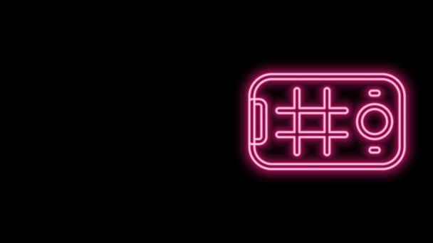 Gloeiende neon lijn Selfie op mobiele telefoon pictogram geïsoleerd op zwarte achtergrond. 4K Video motion grafische animatie — Stockvideo