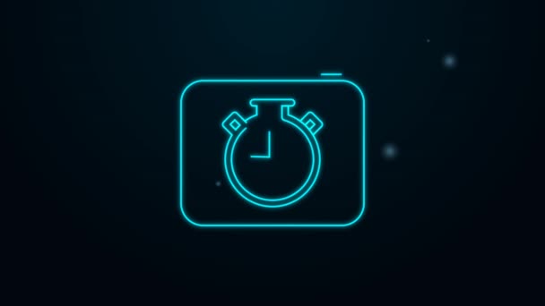 Gloeiende neon lijn Stopwatch pictogram geïsoleerd op zwarte achtergrond. Tijdklok teken. Chronometerteken. 4K Video motion grafische animatie — Stockvideo