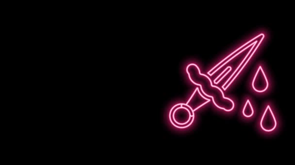 Glödande neon line svärd med blod ikon isolerad på svart bakgrund. Medeltida vapenriddare och soldat. Symbol för mord. 4K Video motion grafisk animation — Stockvideo