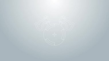 Mavi çizgi Ortaçağ kalkanı ve gri arka planda izole edilmiş çapraz balta simgesi. Savaş baltası, cellat baltası. 4K Video hareketli grafik canlandırması