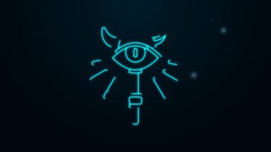 Parlayan neon hattı sihirli asa simgesi siyah arkaplanda izole edildi. Sihirli değnek, asa, değnek, değnek. 4K Video hareketli grafik canlandırması