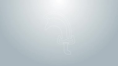 Oyun simgesi için mavi çizgi kılıcı gri arkaplanda izole edildi. 4K Video hareketli grafik canlandırması