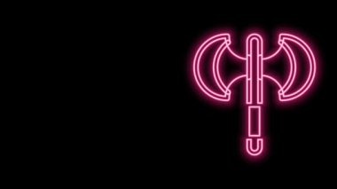 Parlayan neon hattı Ortaçağ kutup balta simgesi siyah arkaplanda izole edildi. 4K Video hareketli grafik canlandırması