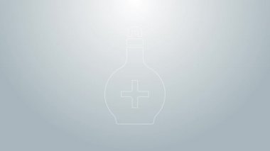 Gri zemin üzerinde iksir ikonu olan mavi çizgi şişesi. Sihirli iksirli matara. Mutlu Cadılar Bayramı Partisi. 4K Video hareketli grafik canlandırması