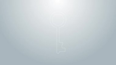 Mavi çizgi Eski anahtar simgesi gri arkaplanda izole edildi. 4K Video hareketli grafik canlandırması