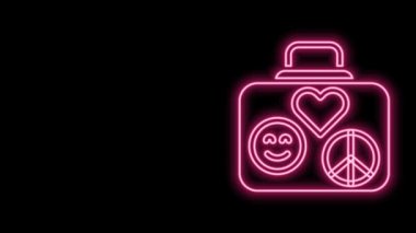 Parlayan neon hattı seyahat simgesi bavulu siyah arkaplanda izole edildi. Seyahat bagaj tabelası. Retro hippi tarzı. Seyahat bagaj ikonu. 4K Video hareketli grafik canlandırması